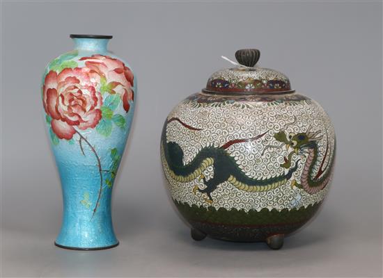 A Japanese cloisonne floral decorated vase and a dragon jar and cover tallest 18.5cm